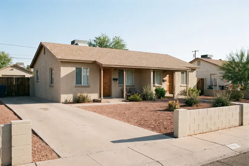 Representative stock photograph — single-storey duplex elevation with two front doors and a shared drive. Not a photograph of any asset in this panel.