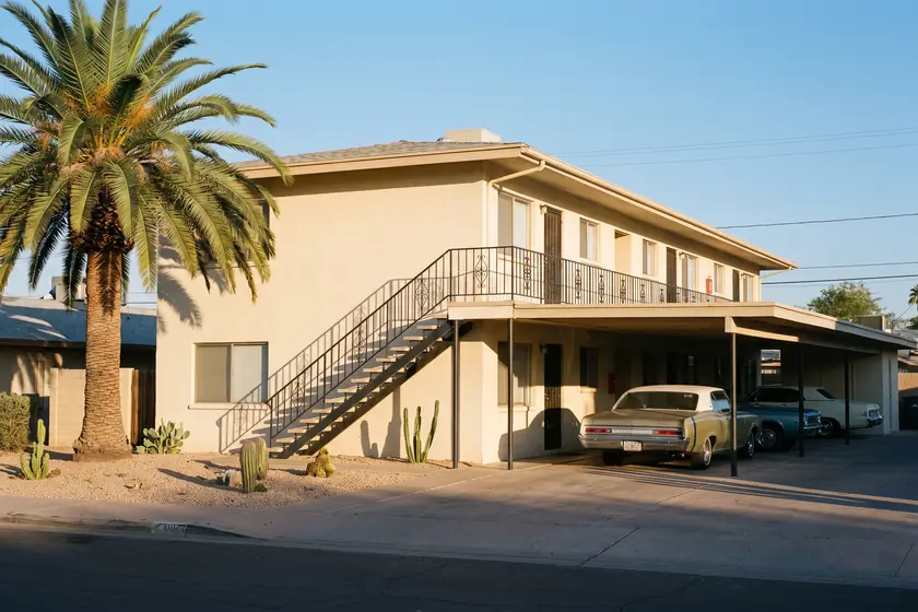 Representative stock photograph — two-storey walk-up elevation with an exterior stair. Not a photograph of any asset in this panel.