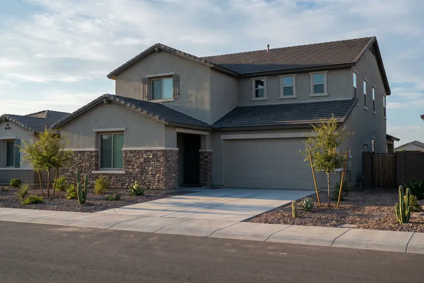Representative stock photograph — two-storey tract elevation with stone veneer and a wide driveway. Not a photograph of any asset in this panel.