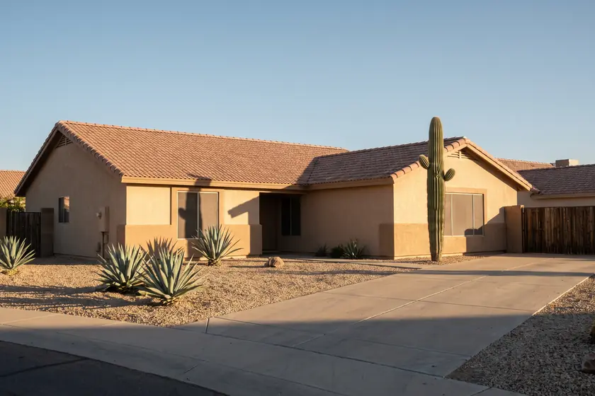 Representative stock photograph — single-storey stucco ranch elevation with a gravel front yard. Not a photograph of any asset in this panel.