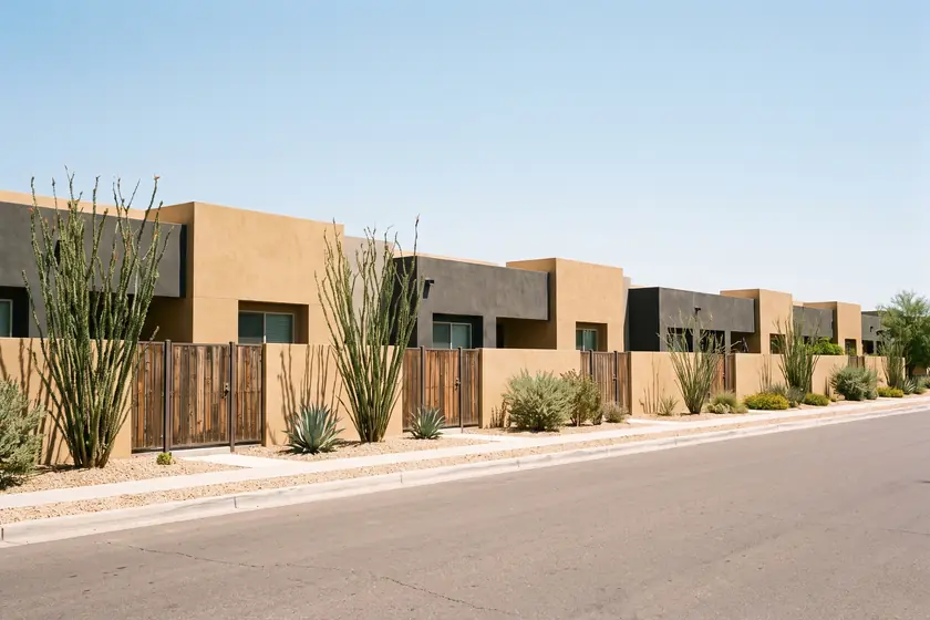 Representative stock photograph — attached townhome elevation with private entry gates. Not a photograph of any asset in this panel.